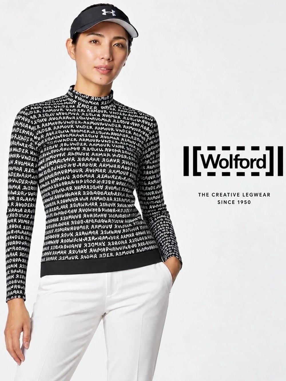 Wolford Logo Print Long Sleeve Mock Neck Shirt in Black & White Like New